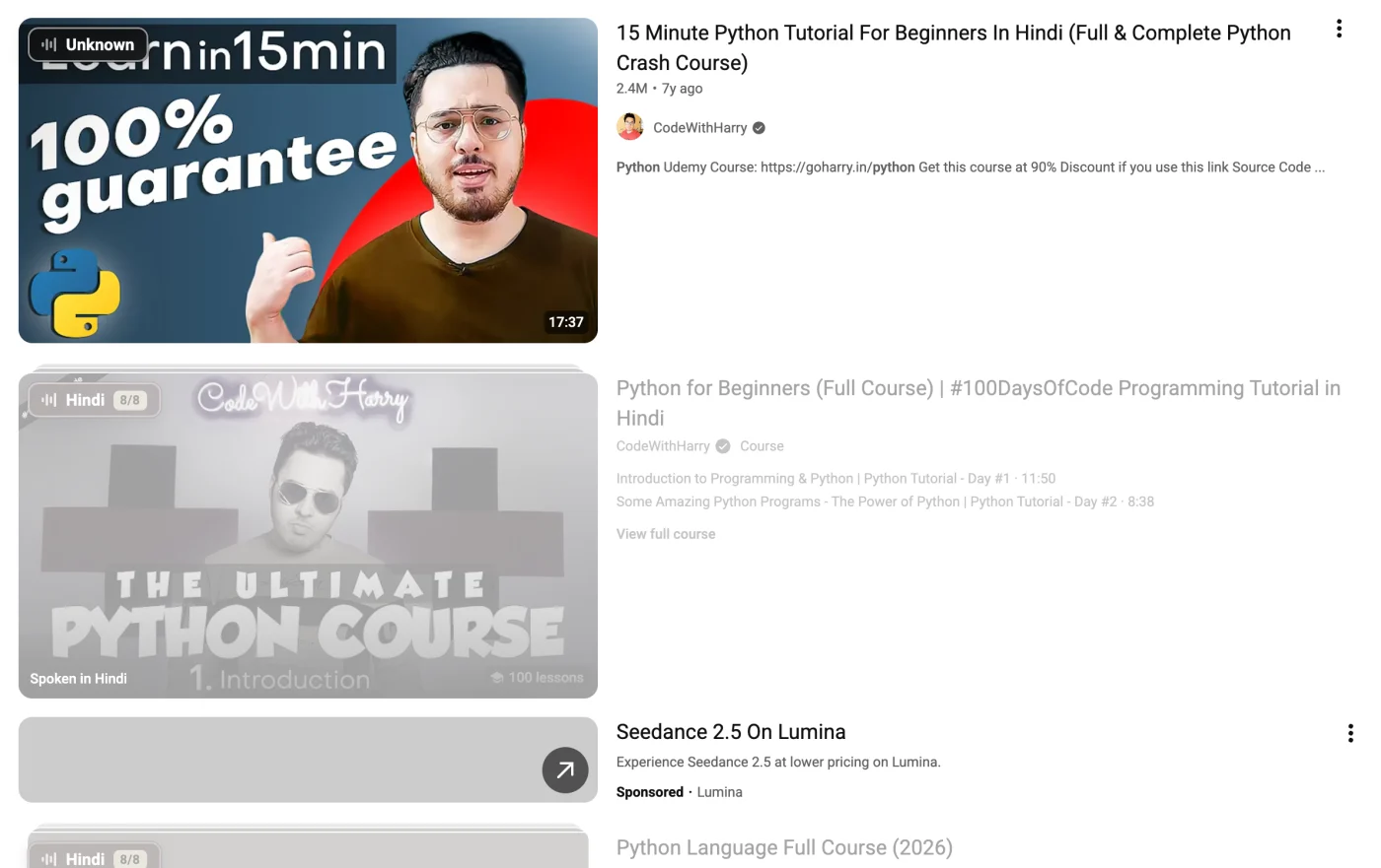 Search results in Dim mode: Hindi videos faded to grey while English videos stay bright