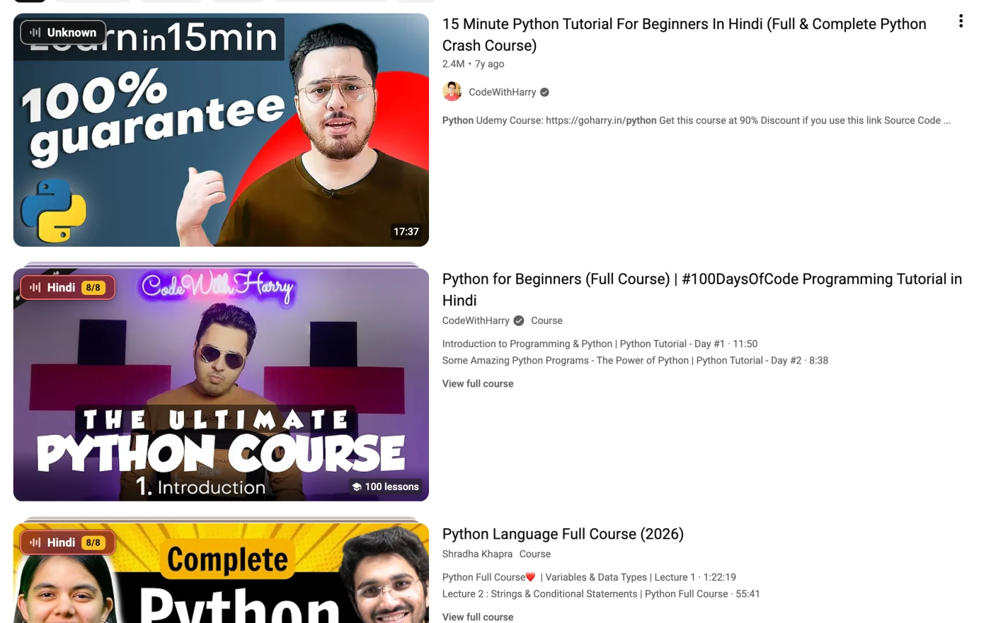 YouTube search results where each video shows a green English chip or a red Hindi chip on the thumbnail