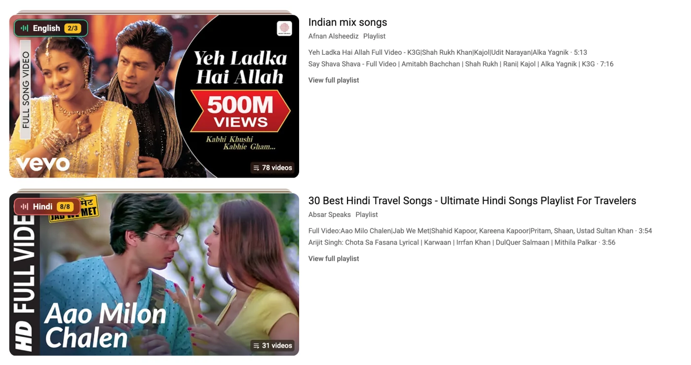 Playlist search results with chips showing the sampled spoken language count for each playlist