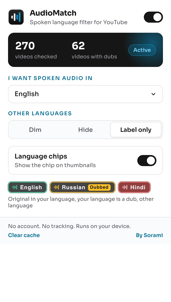 AudioMatch popup menu: language picker, dim, hide or label controls, chip toggle and legend